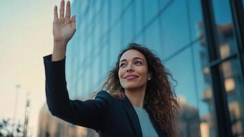 Professional Woman Waving During Virtual Meeting with Building Background photo