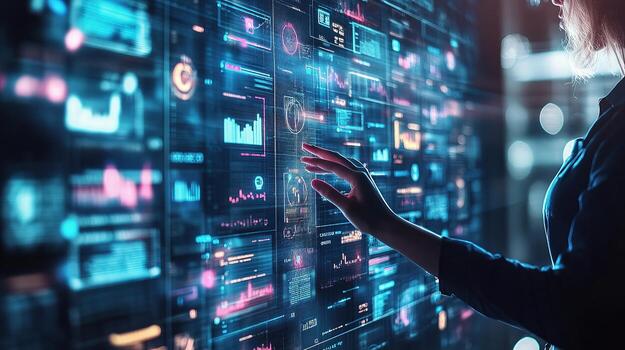 A woman is touching a digital display with data on it photo