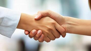 Two people shaking hands in front of a business office photo