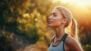 A woman is looking up at the sun photo