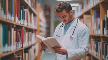 A male doctor in a library reading a book photo