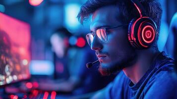 A man wearing headphones and a headset in front of a computer screen photo