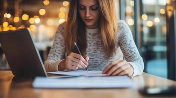 A woman is writing on a piece of paper while sitting at a table photo