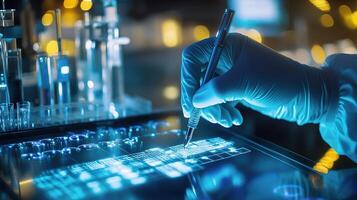A person in a lab coat is working on a tablet photo