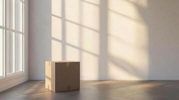 An empty room with a cardboard box sitting on the floor photo