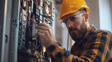 A man in a hard hat and glasses working on a computer photo