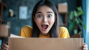 A woman is looking surprised while holding a box photo