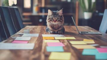 A cat sitting on a table with sticky notes photo