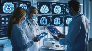 Three doctors looking at a computer screen with mri images photo