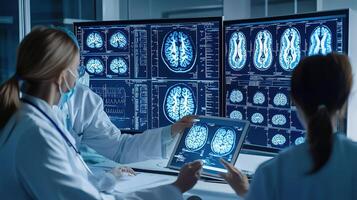Two doctors looking at a computer screen with mri images photo