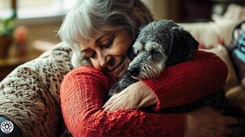 An older woman hugging her dog on a couch photo