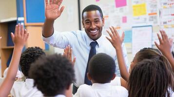 A teacher raising his hands in the classroom photo