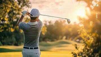 A man is playing golf at sunset photo