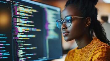 A woman in glasses looking at a computer screen photo