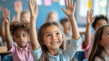 Children raising their hands in class photo