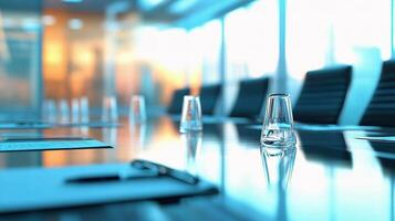 A conference table with empty glasses on it photo