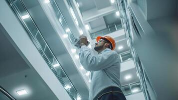 A man in a hard hat is standing on a ladder photo