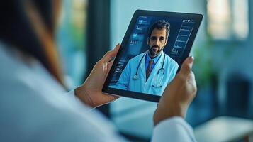 A person holding a tablet with a doctor on the screen photo