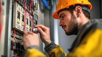 A man in a hard hat and yellow shirt is working on a panel photo