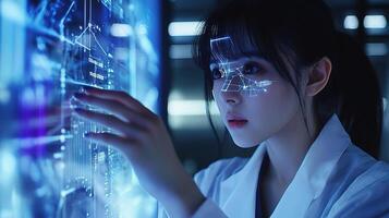 A woman in a lab coat is looking at a computer screen photo