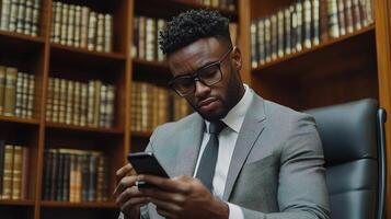 A man in a suit and glasses is using his phone photo
