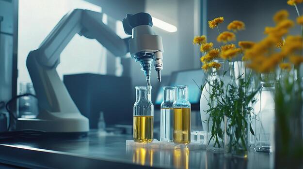 un robótico brazo es participación un frasco de líquido foto