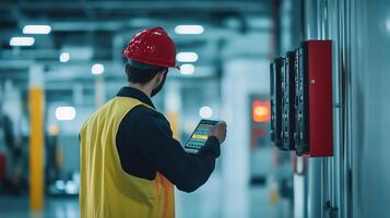 A man in a hard hat and yellow vest is using a tablet photo