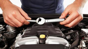 A mechanic is holding a wrench in front of a car engine photo