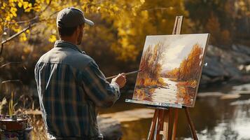 A man is painting a landscape on an easel photo