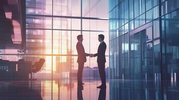 Two business people shaking hands in front of large windows photo