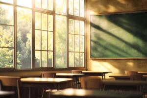 An empty classroom with desks and a chalkboard photo