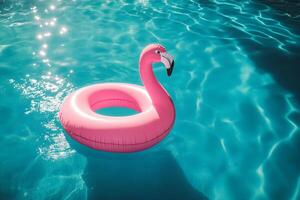 A pink flamingo floating in a pool photo