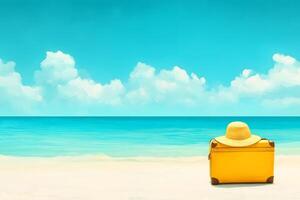 A suitcase on the beach with a hat on it photo