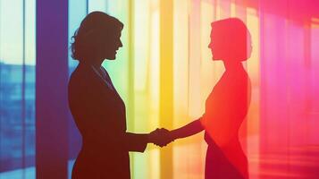 Two people shaking hands in front of a rainbow colored wall photo