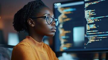 A woman in glasses is looking at a computer screen photo