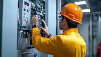 A man in an orange hard hat is working on a panel photo
