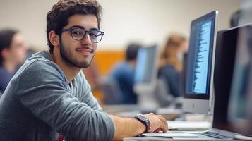 A man in glasses is sitting in front of a computer photo