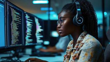 un mujer vistiendo auriculares y un auriculares trabajando en un computadora foto