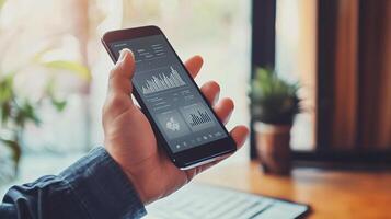 Man holding smartphone with graph on screen photo
