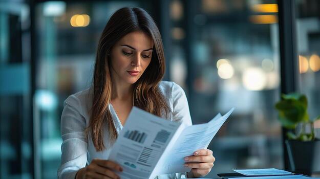A woman is reading a document while sitting at a table photo