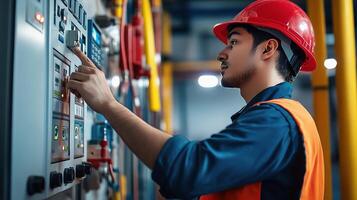 A man in an orange vest and hard hat is pointing at a control panel photo