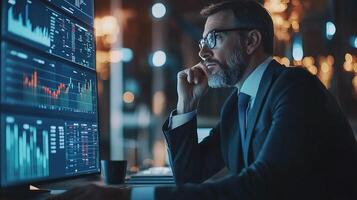 Professional Financial Advisor Analyzing Investment Trends at Night photo