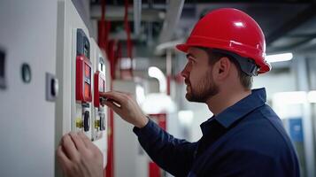A man in a hard hat and safety vest is checking a panel photo