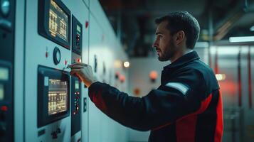 A man in a red jacket is standing in front of a control panel photo