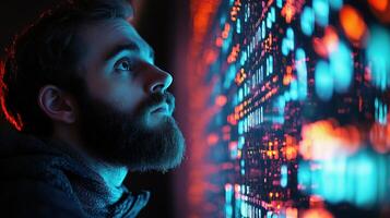 A man looking at a computer screen with a lot of data photo