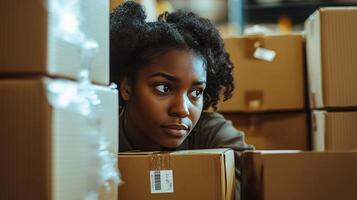 Young Black Female Worker Checking Inventory in Warehouse Setting photo
