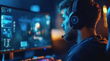 A man wearing headphones and playing a game photo