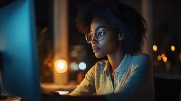 Focused African American Woman Working Late at Desktop Computer photo
