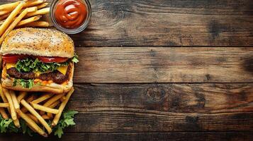 Delicious Club Sandwich with French Fries on Wooden Table Scene photo