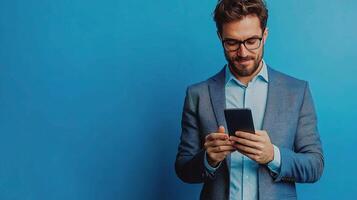 Businessman Using Smartphone in Front of Blue Background photo